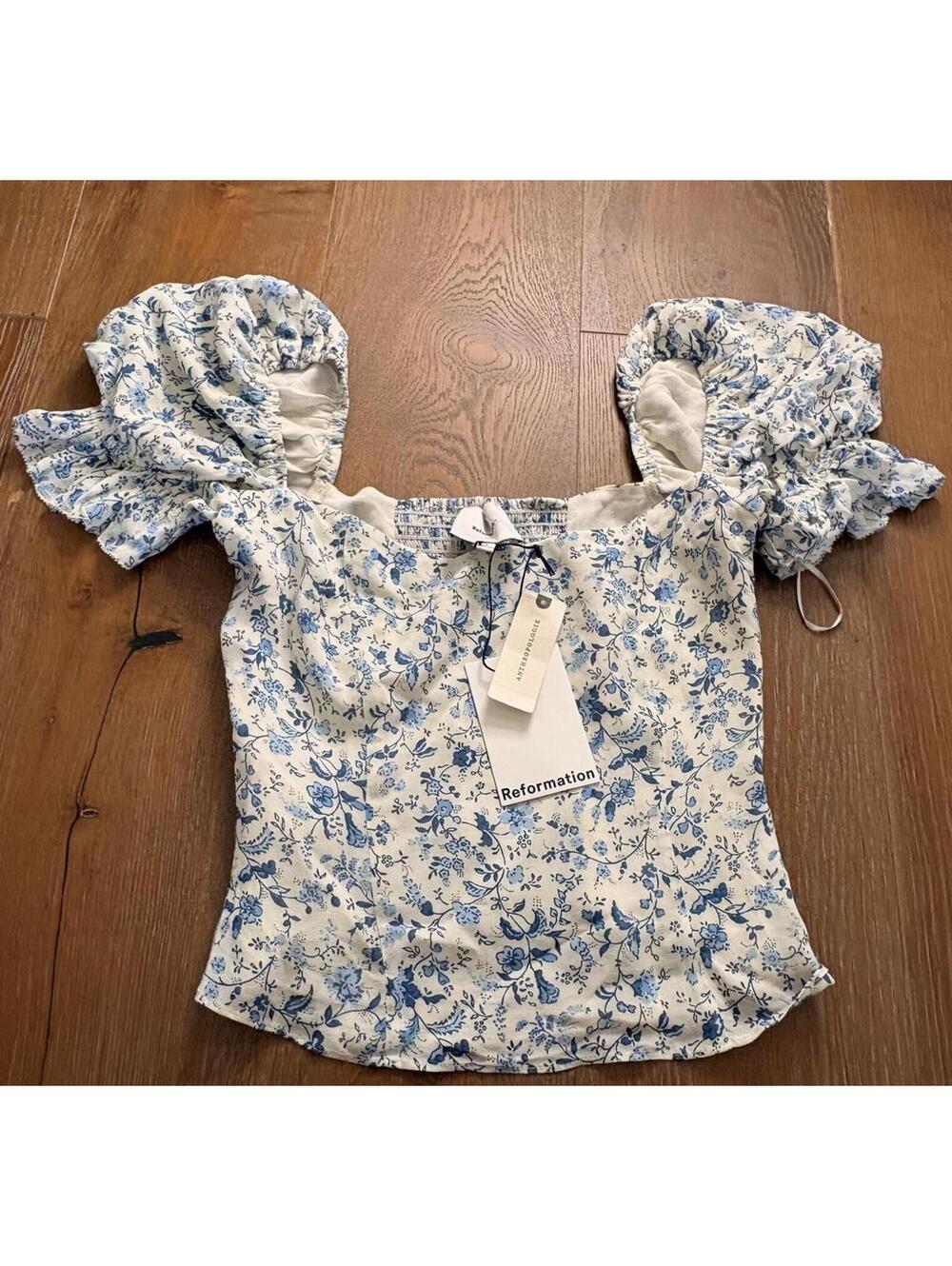Reformation Blue Floral Puff Sleeve Top Cottagecore Chic Size 4 NWT